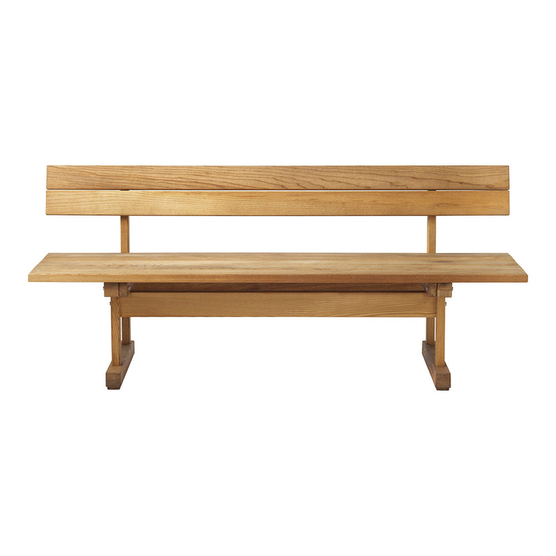 Natural wood bench with a warm oak finish, featuring a simple, sleek design and clean horizontal lines.