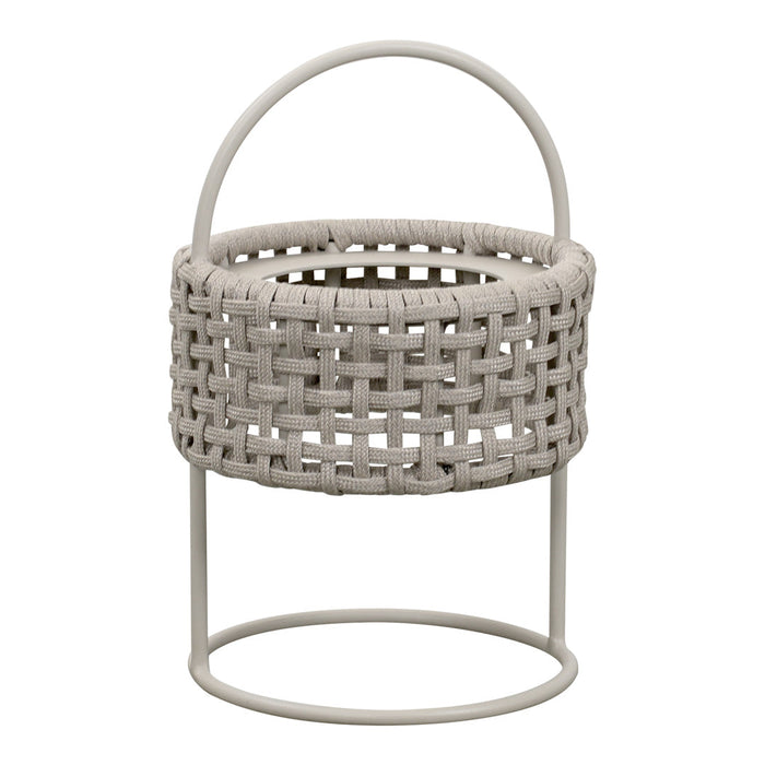Grey woven basket with a modern design and circular metal base, featuring a textured, patterned surface.