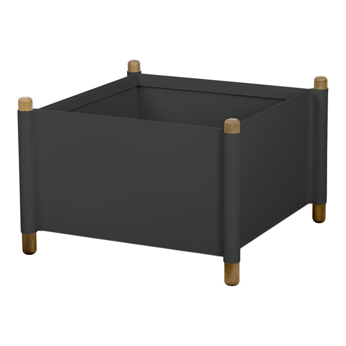 Gray square storage bin with natural wood accents, featuring a sleek, modern design. Perfect for home organization.