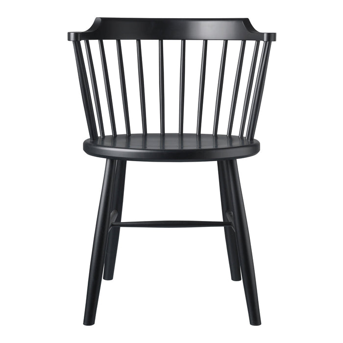 Black wooden chair with vertical slats and a round seat, featuring a minimalist design and sleek finish.