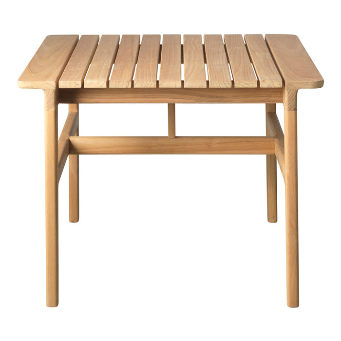 Natural wood slatted table in warm beige tones with a simple, minimalist design. Perfect for indoor or outdoor use.
