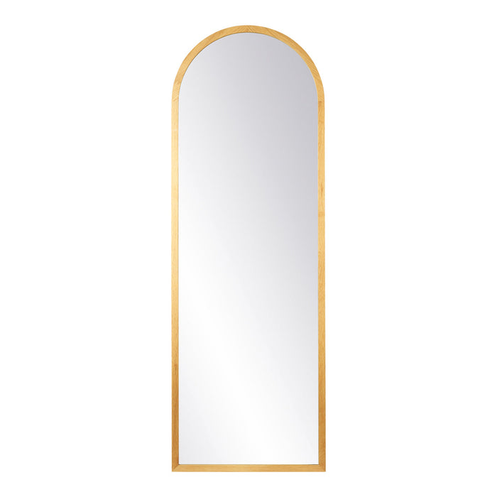 Tall arched mirror with a sleek golden frame and clear reflective surface, ideal for modern decor.