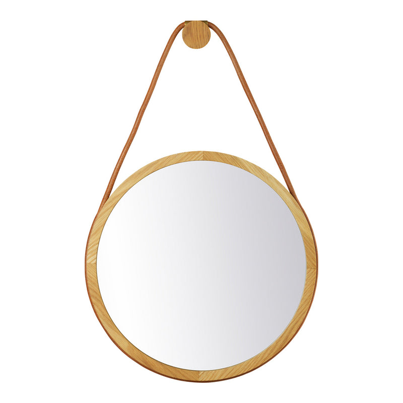 Round mirror with a natural wood frame and a minimalist tan leather strap, featuring a clean, clear reflective surface.