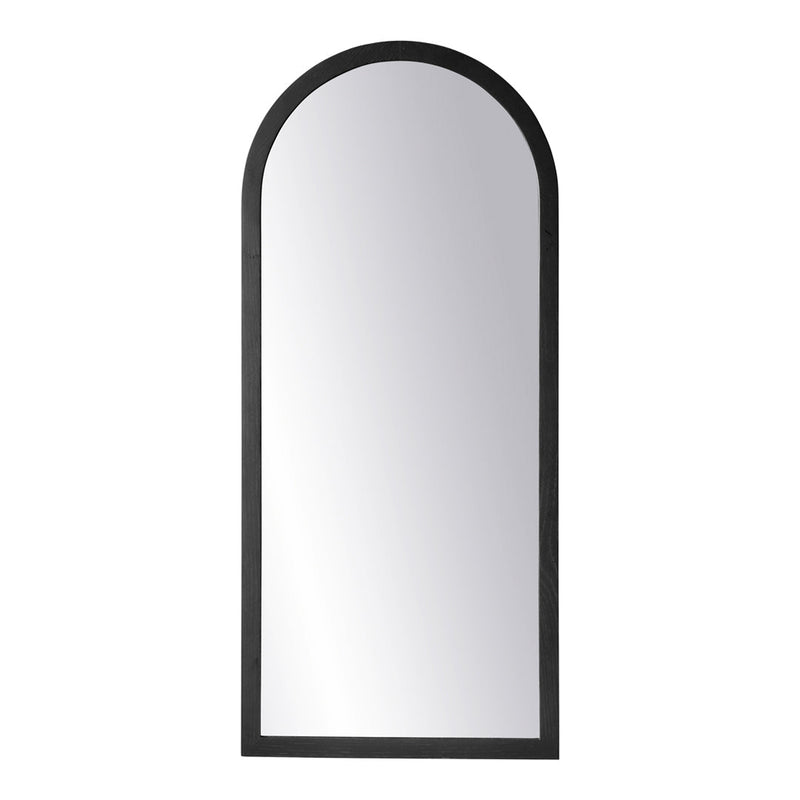 Black arched frame mirror with a sleek, modern design and a reflective surface, perfect for contemporary décor.