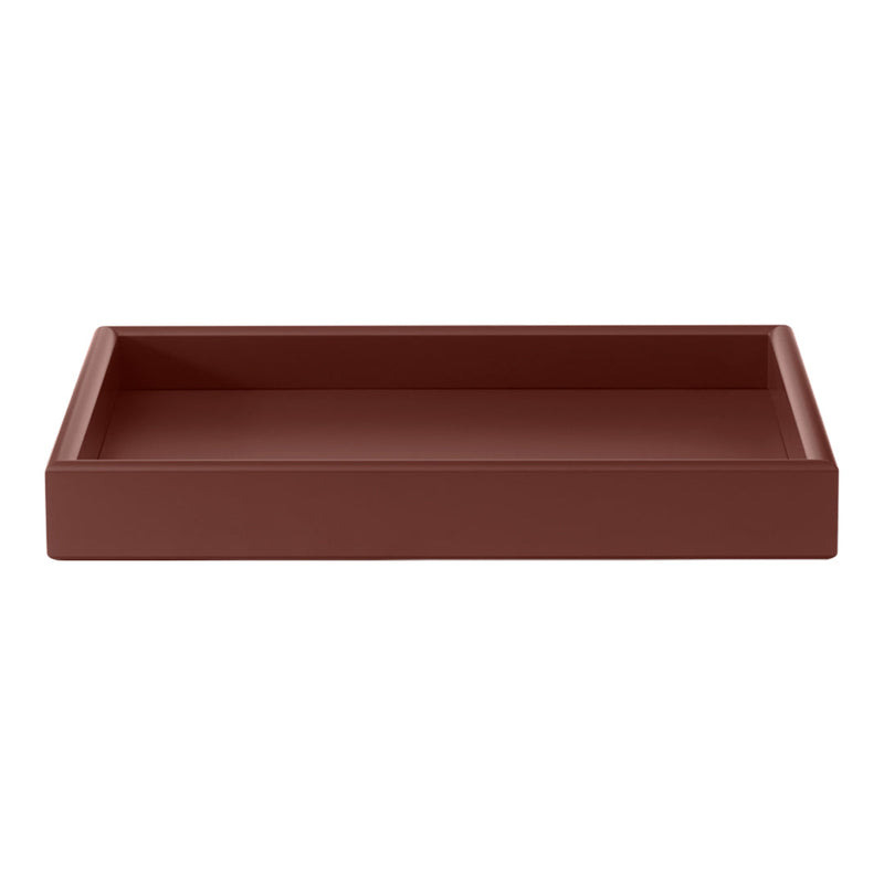 Brown rectangular tray with a smooth, matte finish. Ideal for stylish organization and decor accents.