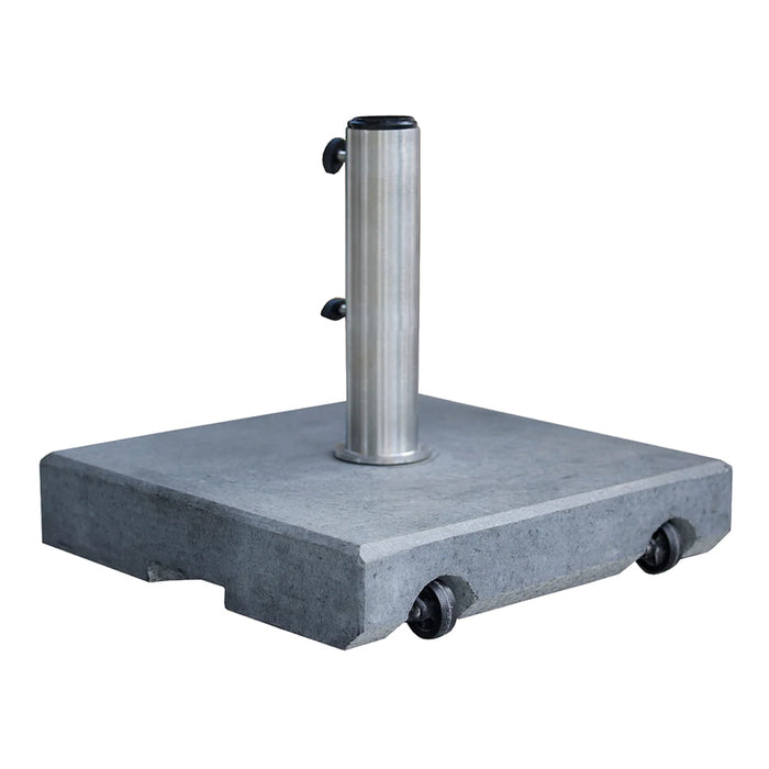 Gray concrete base with a silver pole and black wheels, offering a modern industrial look for outdoor furniture.