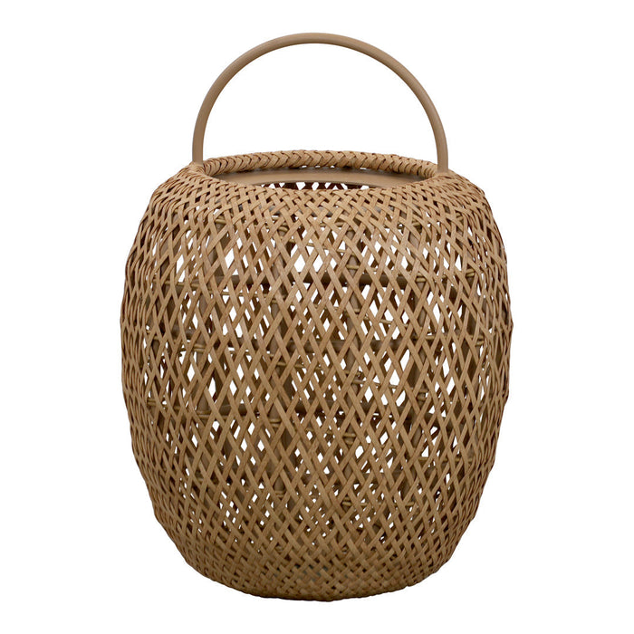 Woven natural brown basket with a geometric pattern and a sturdy handle, ideal for storage or decor.