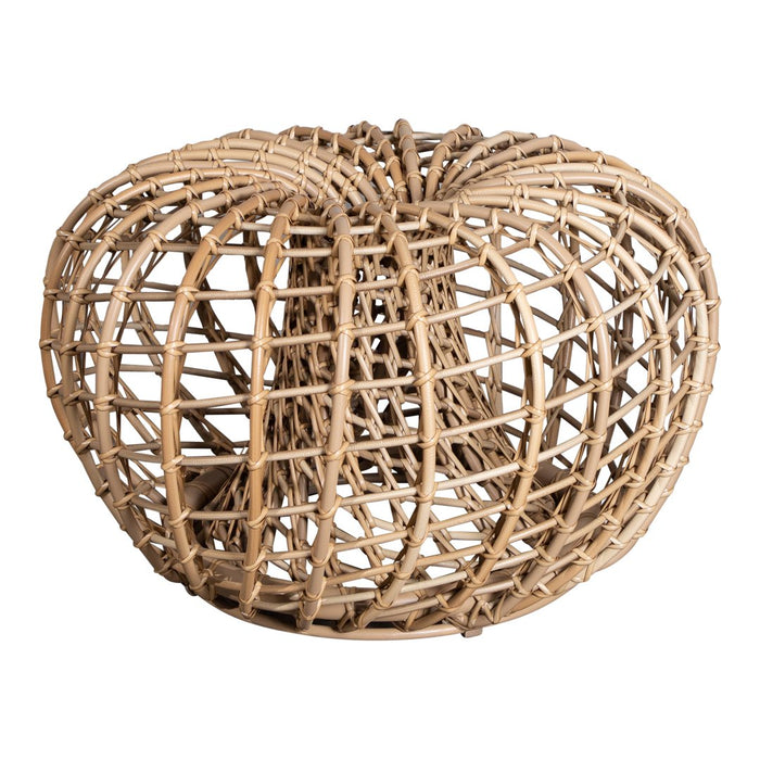 Natural woven rattan basket in a circular pattern with a light brown finish, perfect for decorative storage.