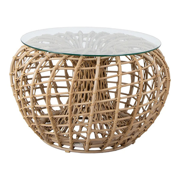 Natural rattan woven table base with a clear glass top, showcasing a stylish, organic pattern in beige tones.