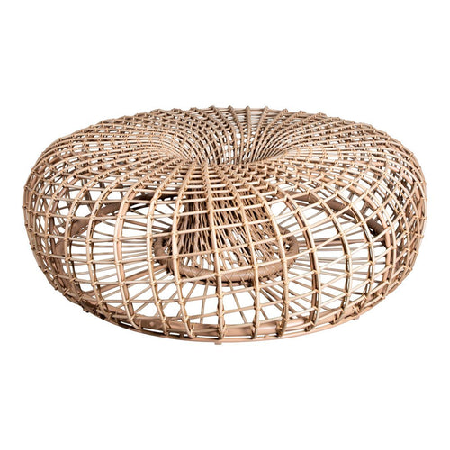 Natural woven rattan ottoman in a round shape with intricate, geometric patterns and a light tan color.