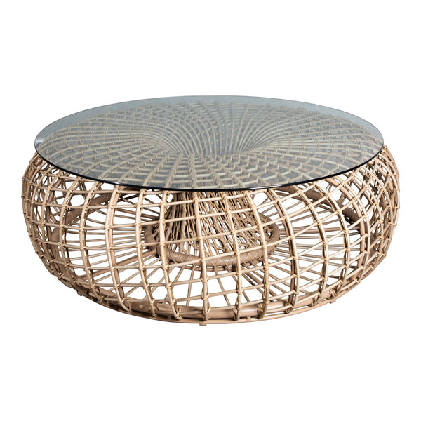 Round wicker coffee table with a natural finish and a geometric glass top, showcasing intricate woven patterns.