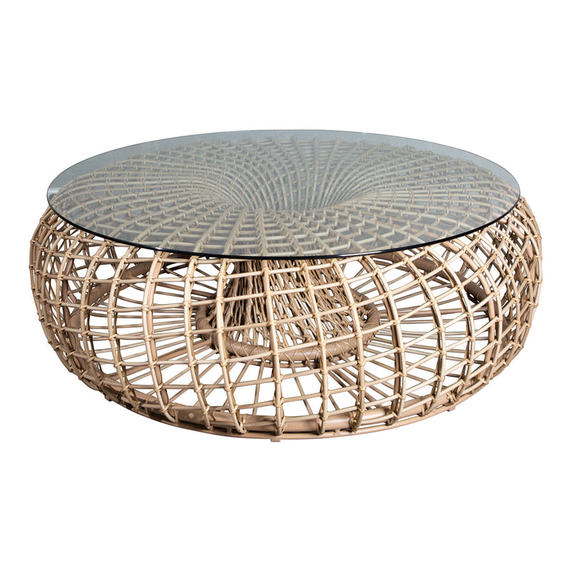 Round wicker coffee table with a natural finish and a geometric glass top, showcasing intricate woven patterns.