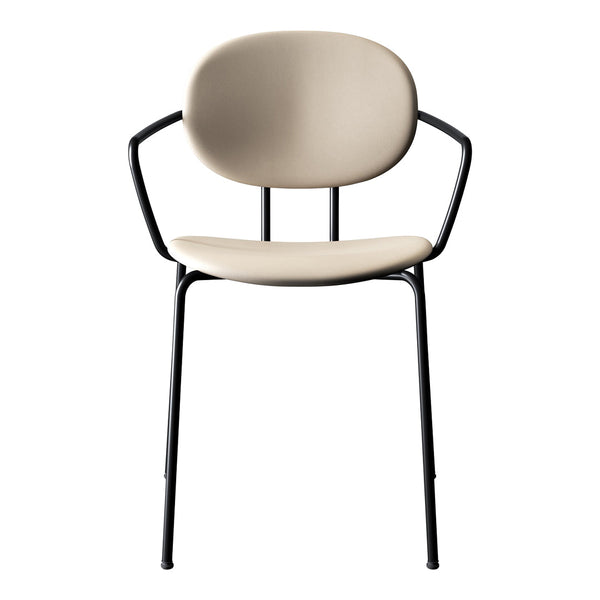 Beige upholstered chair with a minimalist black metal frame and curved backrest design.