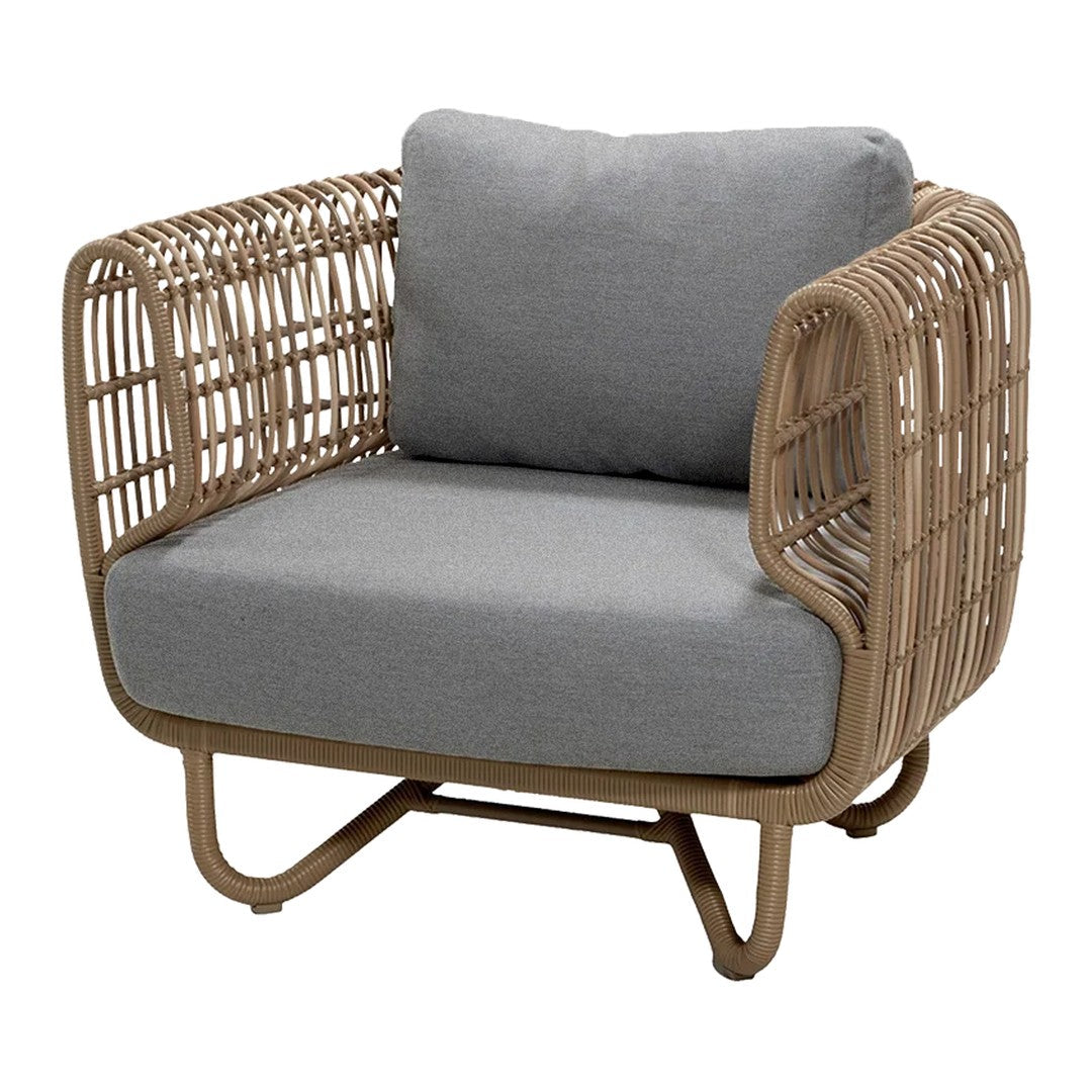 Gray cushion chair with a woven rattan frame in a natural beige color, featuring a modern and stylish design.