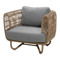 Gray cushion chair with a woven rattan frame in a natural beige color, featuring a modern and stylish design.