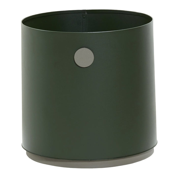 Green cylindrical container with a smooth matte finish and a gray circular accent. Perfect for modern decor.