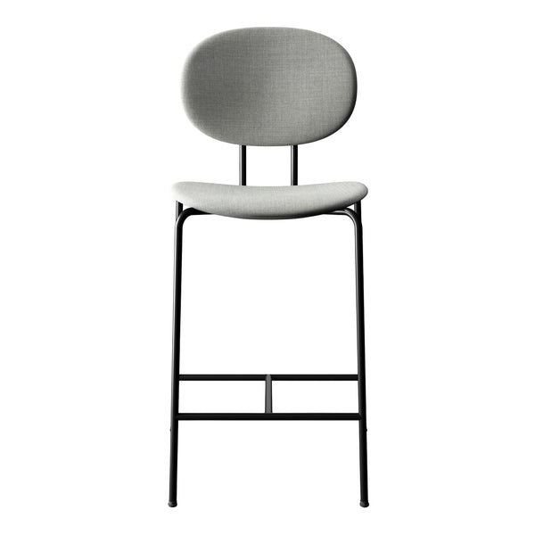Gray upholstered bar stool with a minimalist design and black metal frame. Ideal for modern interiors.