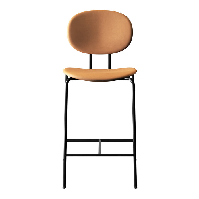 Tan upholstered bar stool with a sleek black metal frame and minimalist design. Perfect for modern interiors.