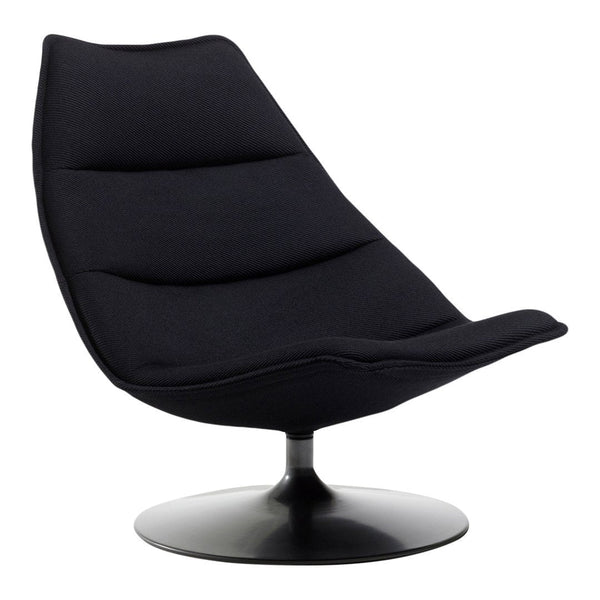 Sleek black lounge chair with a smooth, curved design and subtle, textured fabric. Perfect for modern decor.