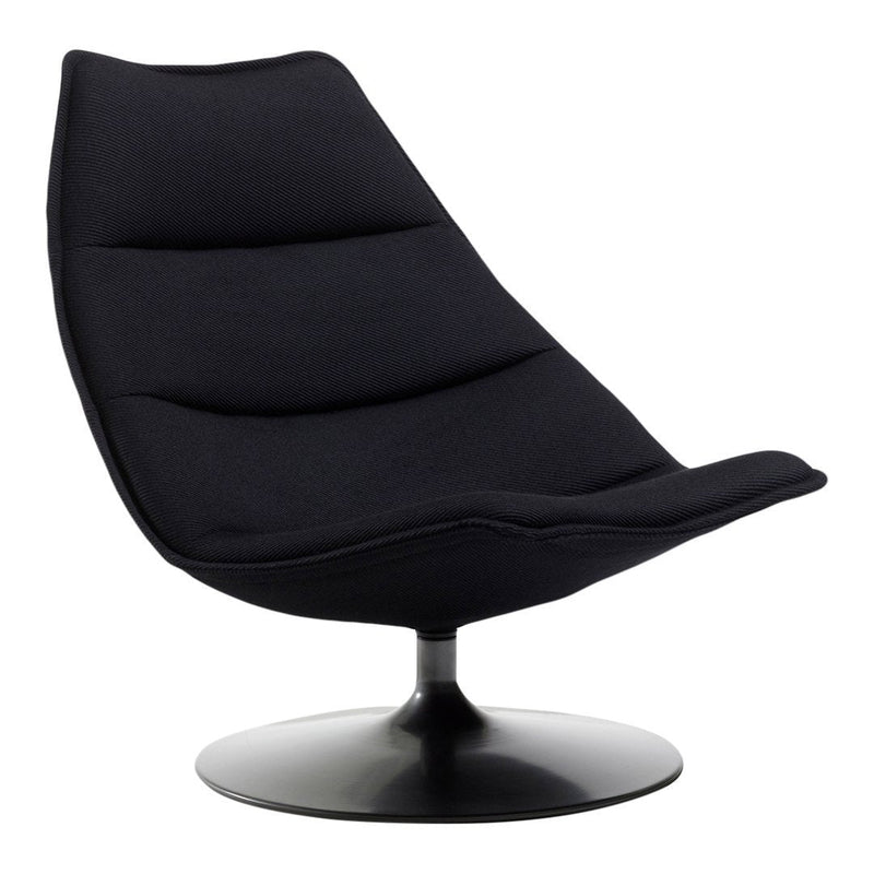 Sleek black lounge chair with a smooth, curved design and subtle, textured fabric. Perfect for modern decor.