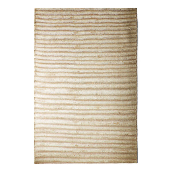 Beige area rug with subtle striped patterns and a textured surface, perfect for enhancing any living space.
