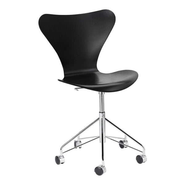 Black modern swivel chair with a sleek curved design and chrome base, featuring smooth, minimalist lines.