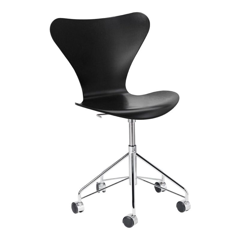 Black modern swivel chair with a sleek curved design and chrome base, featuring smooth, minimalist lines.