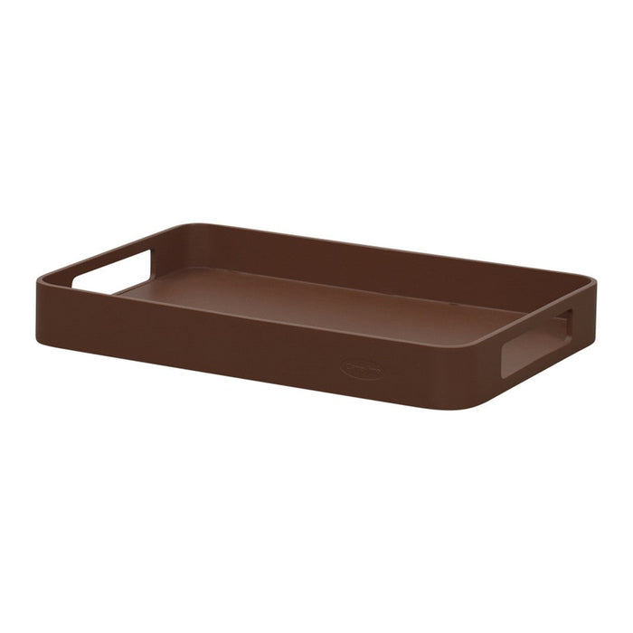 "Rectangular tray in rich chocolate brown with smooth, modern edges and minimalist design."