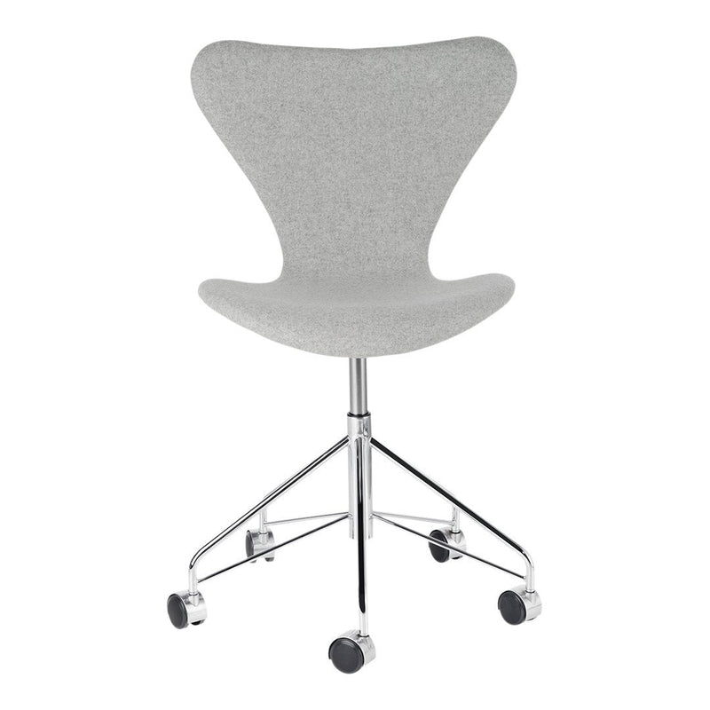 Light gray, textured fabric office chair with a sleek chrome base and rolling wheels, perfect for modern workspaces.