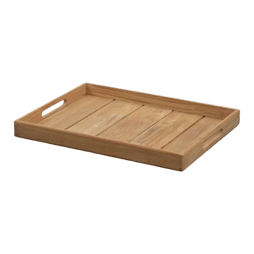 Natural wooden tray with a smooth finish and slatted pattern, showcasing warm honey and beige tones.