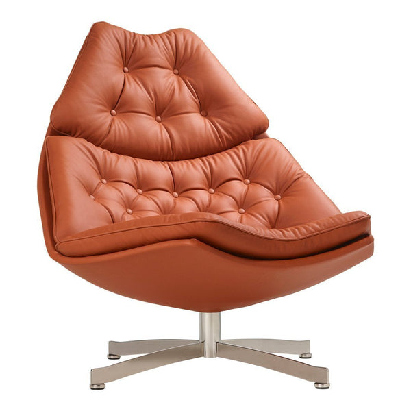 Stylish brown leather chair with tufted pattern and sleek chrome base. Modern design accentuates any space.