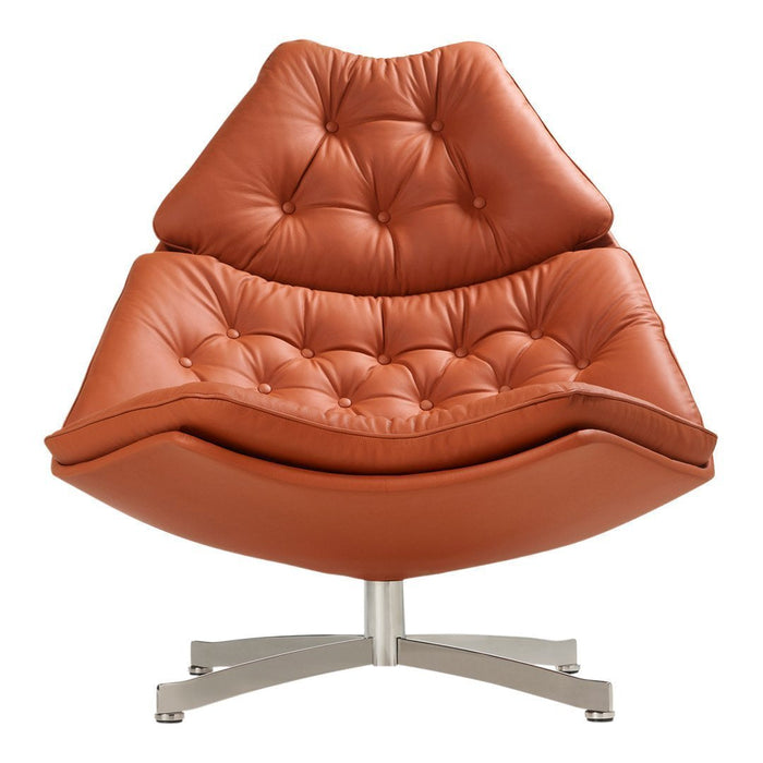 Stylish brown leather accent chair with tufted design and sleek silver base. Perfect for modern decor.