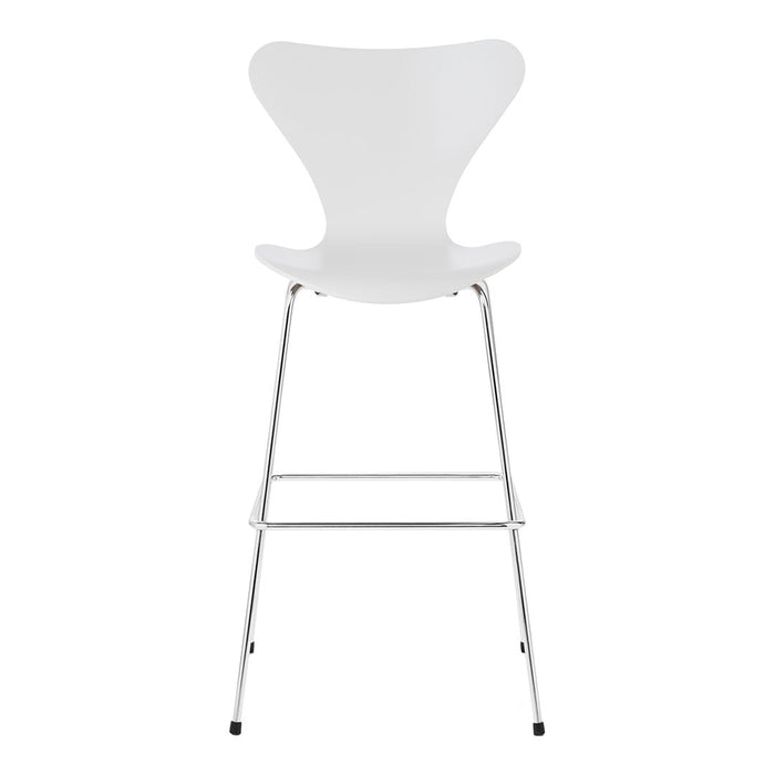 Modern white bar stool with a sleek, minimalist design and chrome legs. Perfect for contemporary spaces.