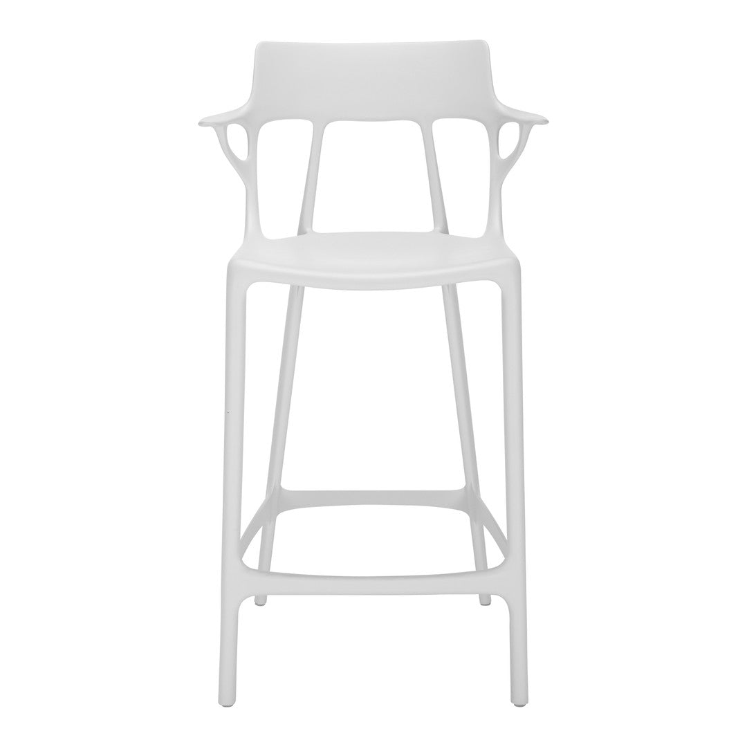White modern bar stool with sleek, minimalist design and smooth finish, perfect for contemporary decor.