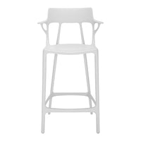 White modern bar stool with sleek, minimalist design and smooth finish, perfect for contemporary decor.