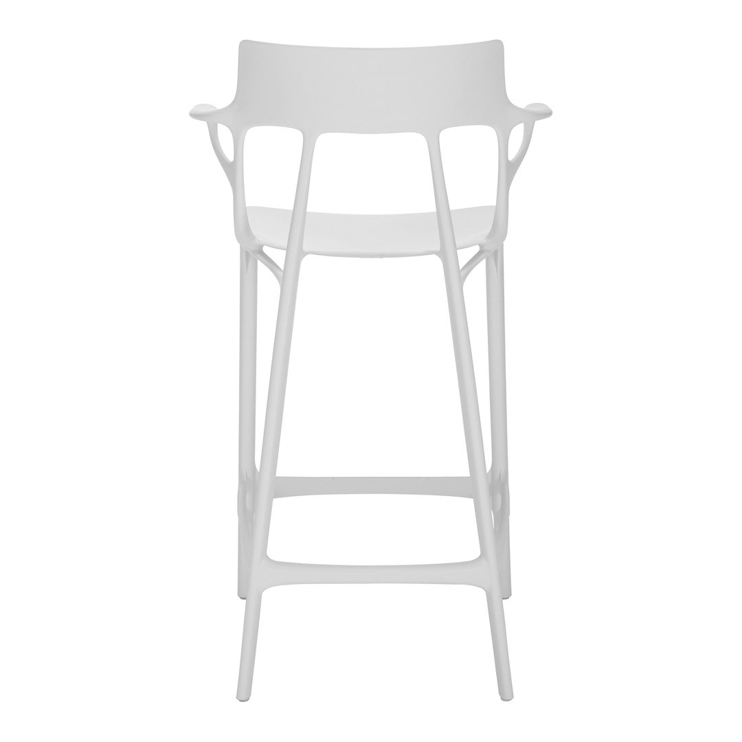 White bar stool with a sleek, minimalist design, featuring smooth surfaces and no visible patterns.