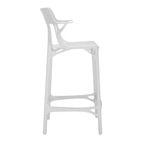 Sleek white bar stool with a modern design, featuring a smooth finish and unique contoured patterns.