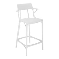 White bar stool with a minimalist design and open-back pattern, adding a modern touch to any space.