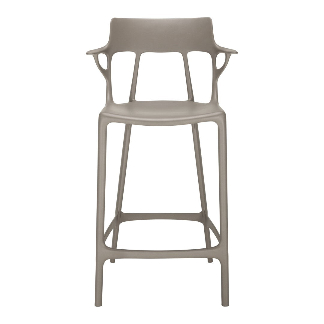 Neutral taupe high chair with a sleek, modern design and subtle contours, perfect for minimalist decor.
