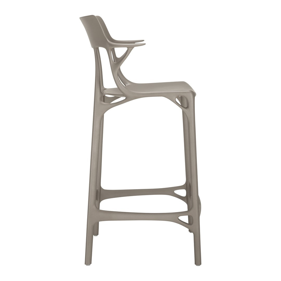 Stylish beige bar stool with a sleek design and subtle cut-out patterns for a modern touch. Perfect for contemporary settings.
