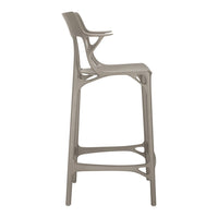 Stylish beige bar stool with a sleek design and subtle cut-out patterns for a modern touch. Perfect for contemporary settings.