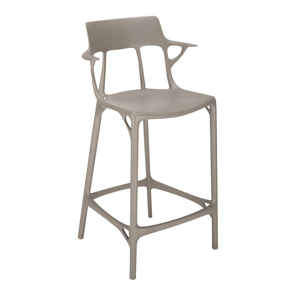 Modern beige bar stool with a sleek design and unique pattern on the backrest, perfect for contemporary spaces.