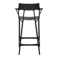 Black bar stool with a sleek design and matte finish, featuring a gray seat and modern lines. Perfect for contemporary decor.