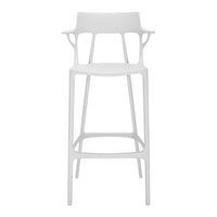 White modern bar stool with a sleek design and unique patterned seat. Ideal for contemporary interiors.