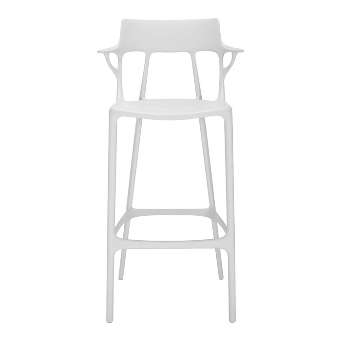 White modern bar stool with a sleek design and unique patterned seat. Ideal for contemporary interiors.