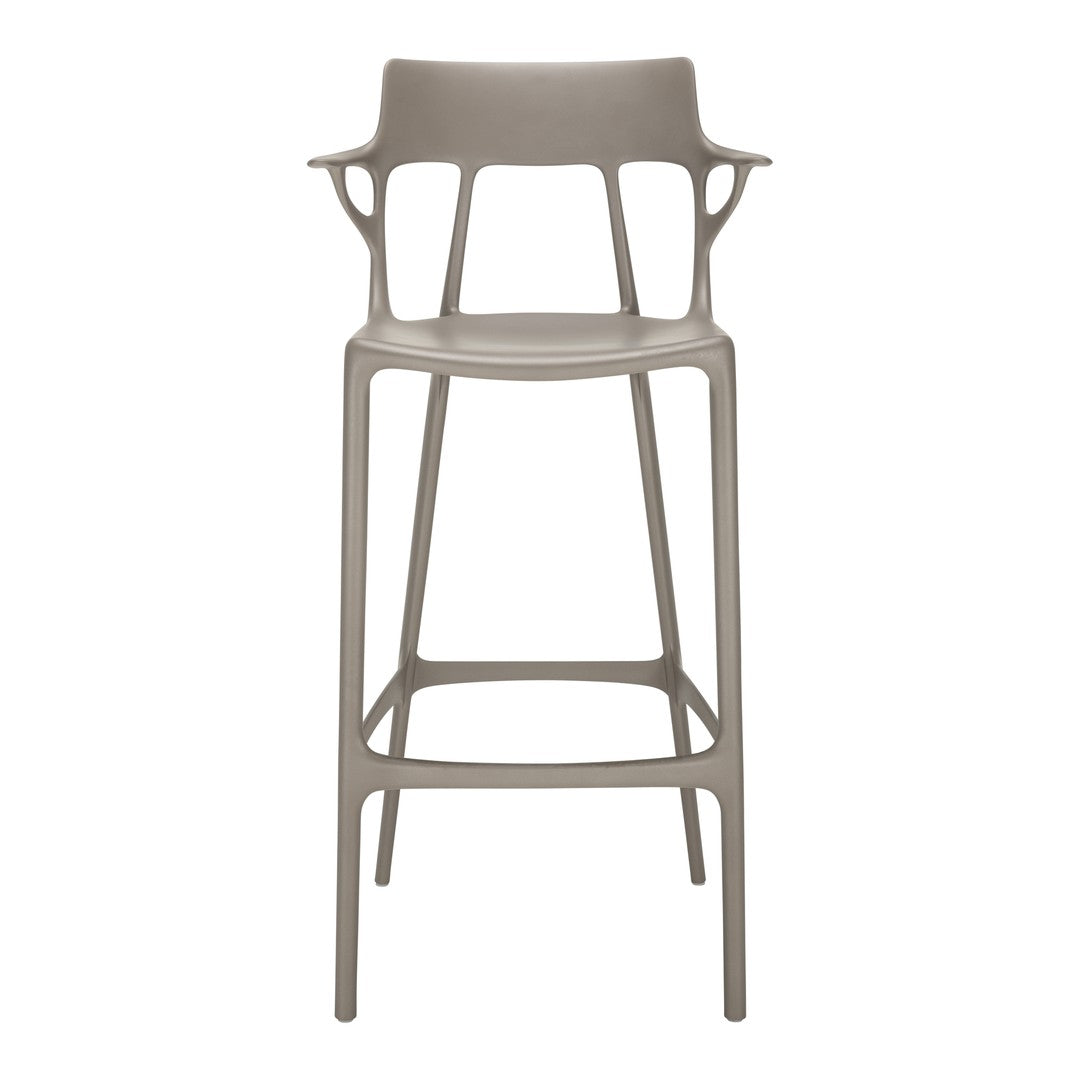 Stylish taupe bar stool with a smooth finish and modern cut-out pattern, perfect for contemporary decor.