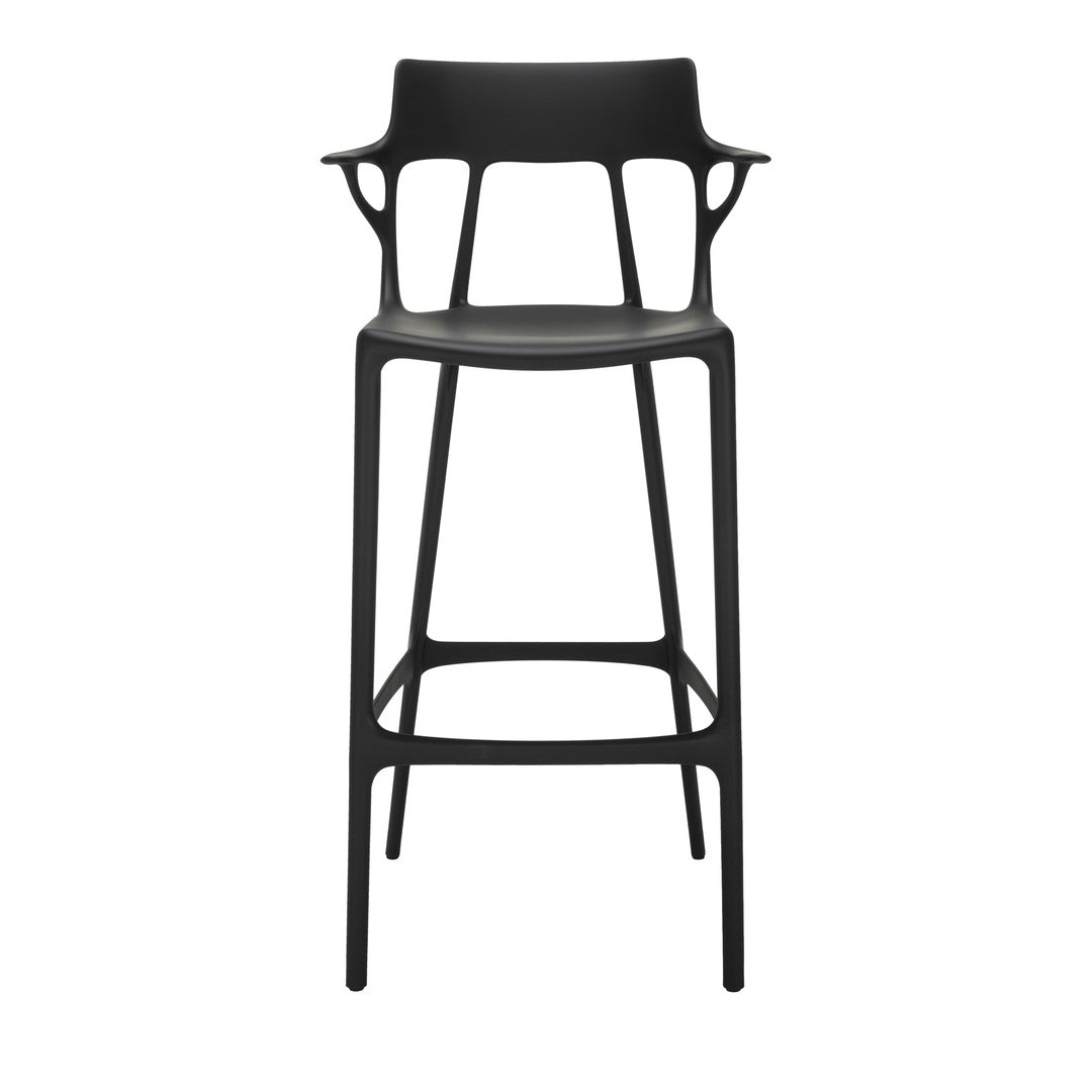 Black modern bar stool with a sleek design and minimalistic pattern. Ideal for contemporary interiors.