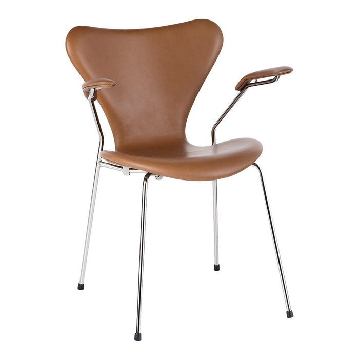 Brown leather chair with a sleek, modern design and chrome legs, featuring smooth contours and minimalist style.