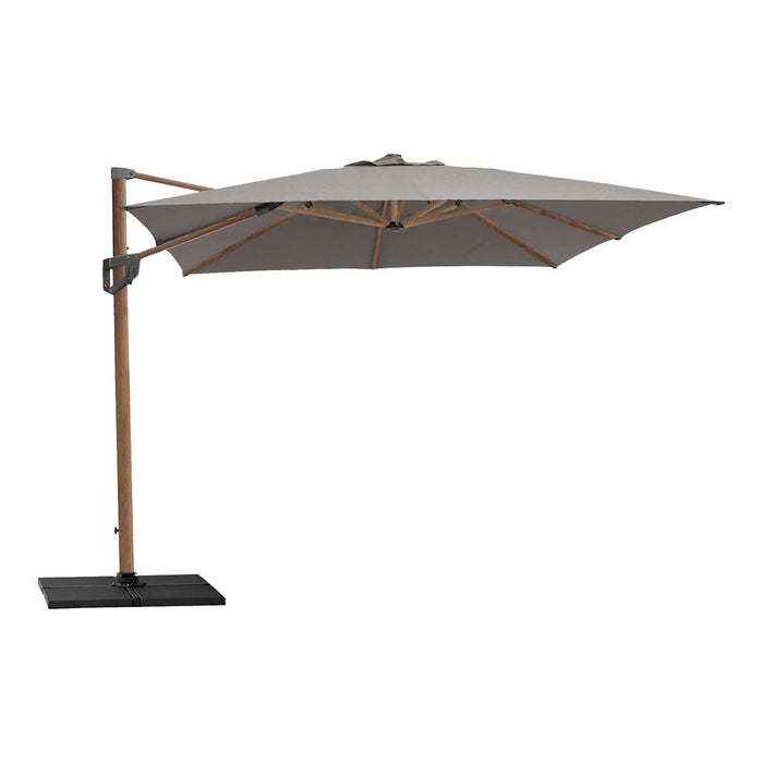 Gray outdoor umbrella with a wooden frame and a sleek, modern design. Ideal for shading patios or gardens.