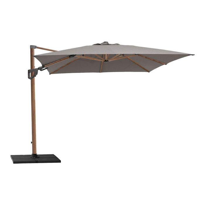 Gray patio umbrella with a sleek design, featuring a wooden pole and black base for elegant outdoor decor.